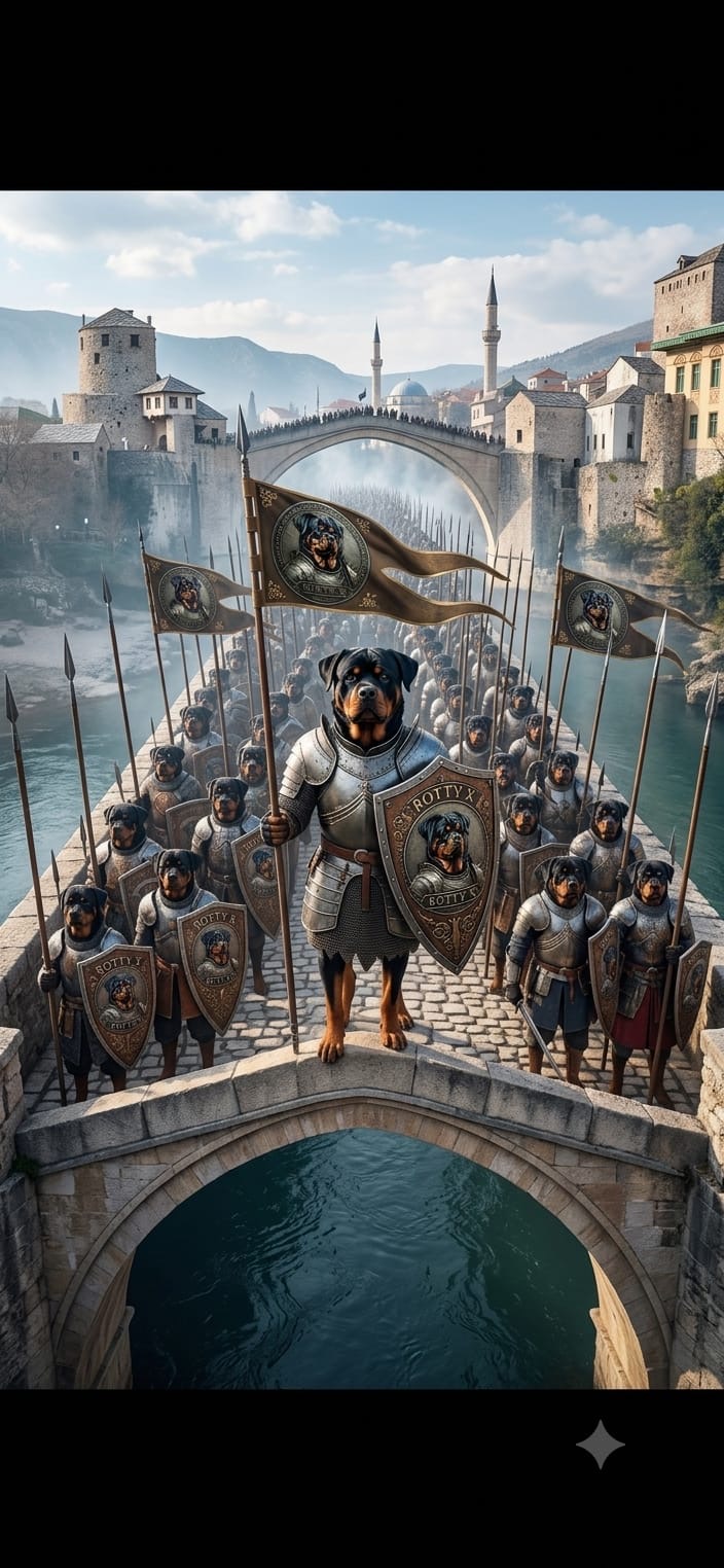 Rotty X legion crossing the Mostar bridge